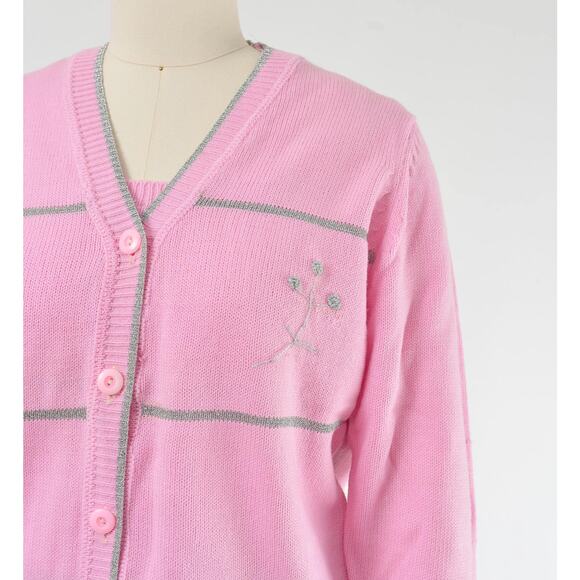 Vintage 60s Pink Two Piece Sweater Set Floral Vest Button Down Cardigan XS S - Picture 7 of 9